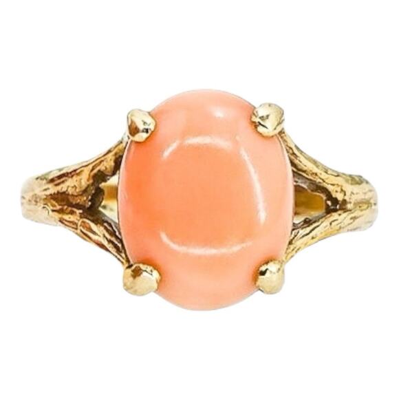 Na Hoku Jewelry - Vintage Hawaiian Na Hoku 10k Gold Ring Angel Skin Coral Cabochon Size 6